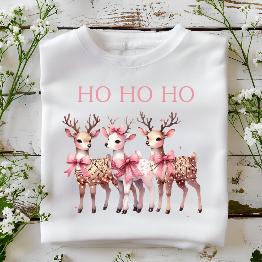 DTF Ho Ho Ho Pink Reindeers Decal 19cm