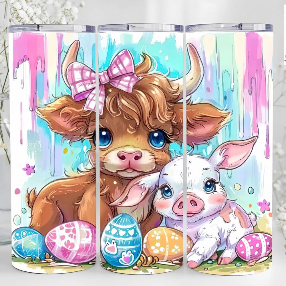 UV DTF 20oz Tumbler Wrap - Easter Highland & Piglet