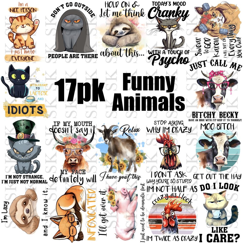 DTF Funny Animals BULK 17pk - 50% OFF