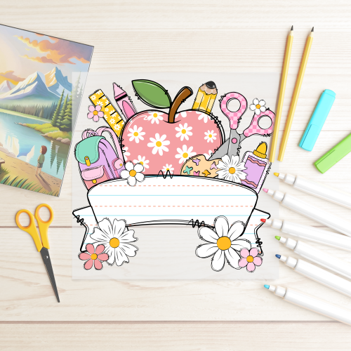 DTF Back To School - Pink Flower Apple