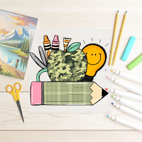 DTF Back To School - Camo Apple with Pencil
