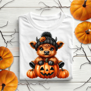 DTF Cute Halloween Highland Cow with Pumpkins