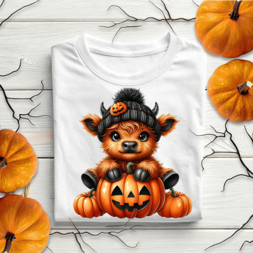 DTF Cute Halloween Highland Cow with Pumpkins