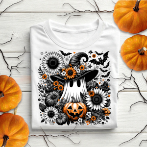DTF Ghost with Black Flowers & Pumpkin