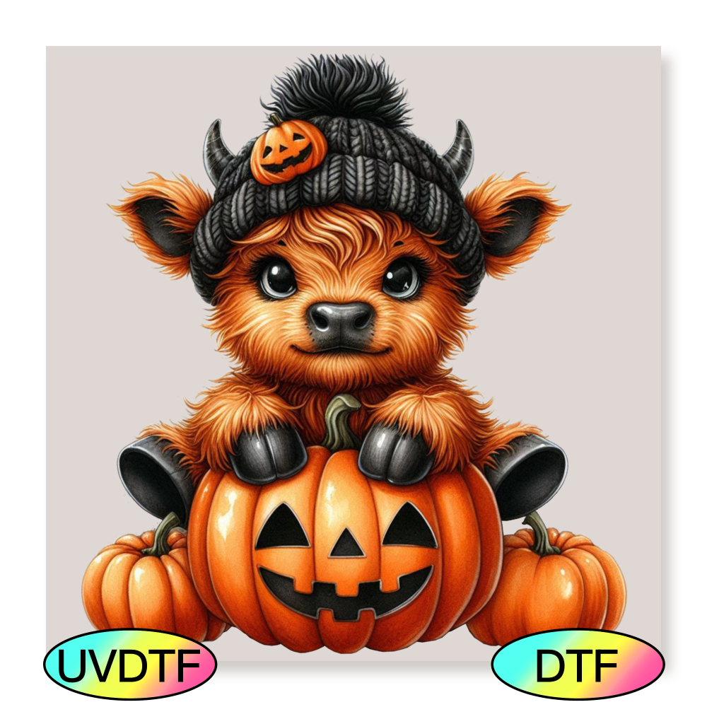 DTF Cute Halloween Highland Cow with Pumpkins