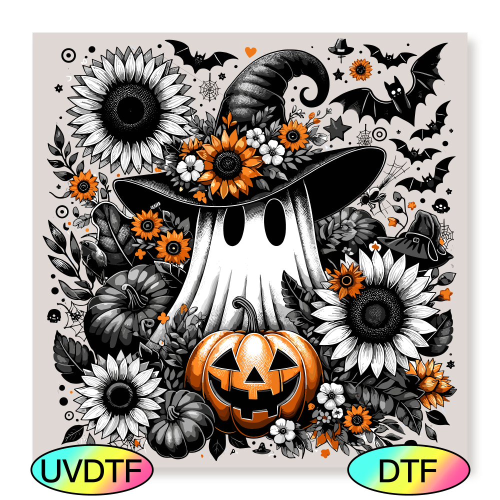 DTF Ghost with Black Flowers & Pumpkin