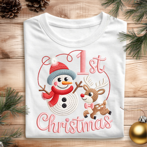 DTF Embroidery Pattern Pink 1st Christmas