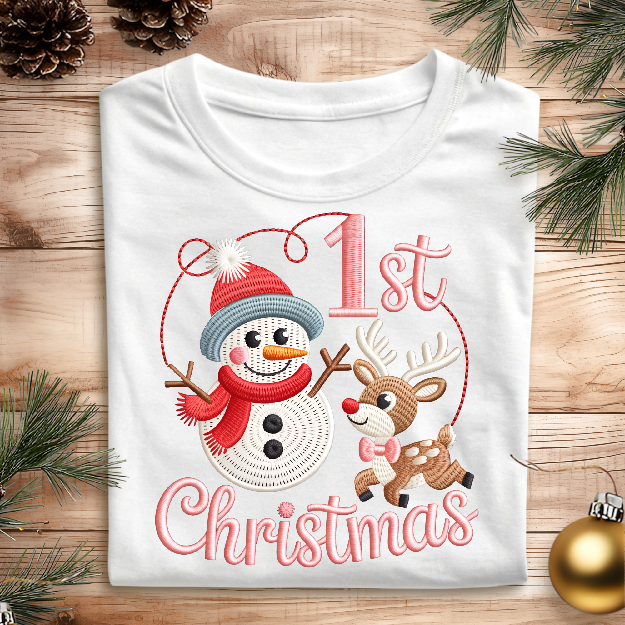 DTF Embroidery Pattern Pink 1st Christmas
