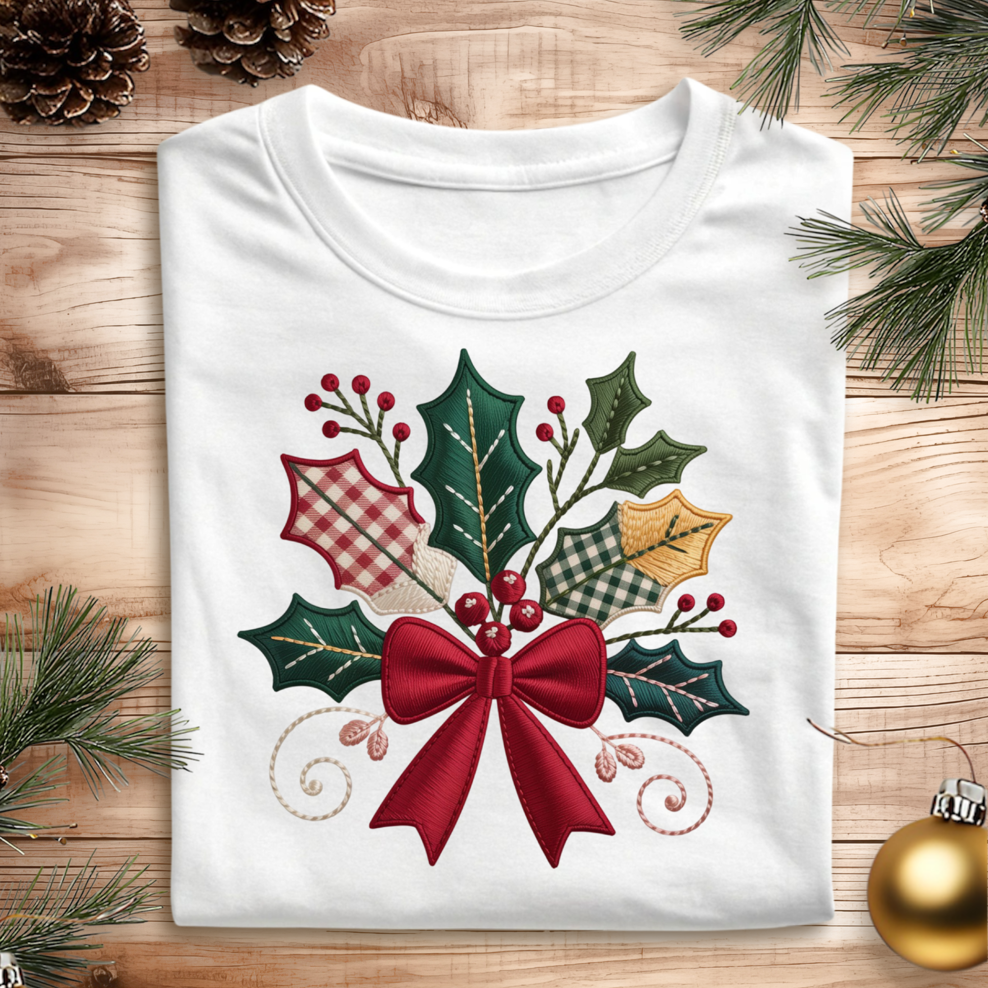 DTF Embroidery Pattern Holly Bow